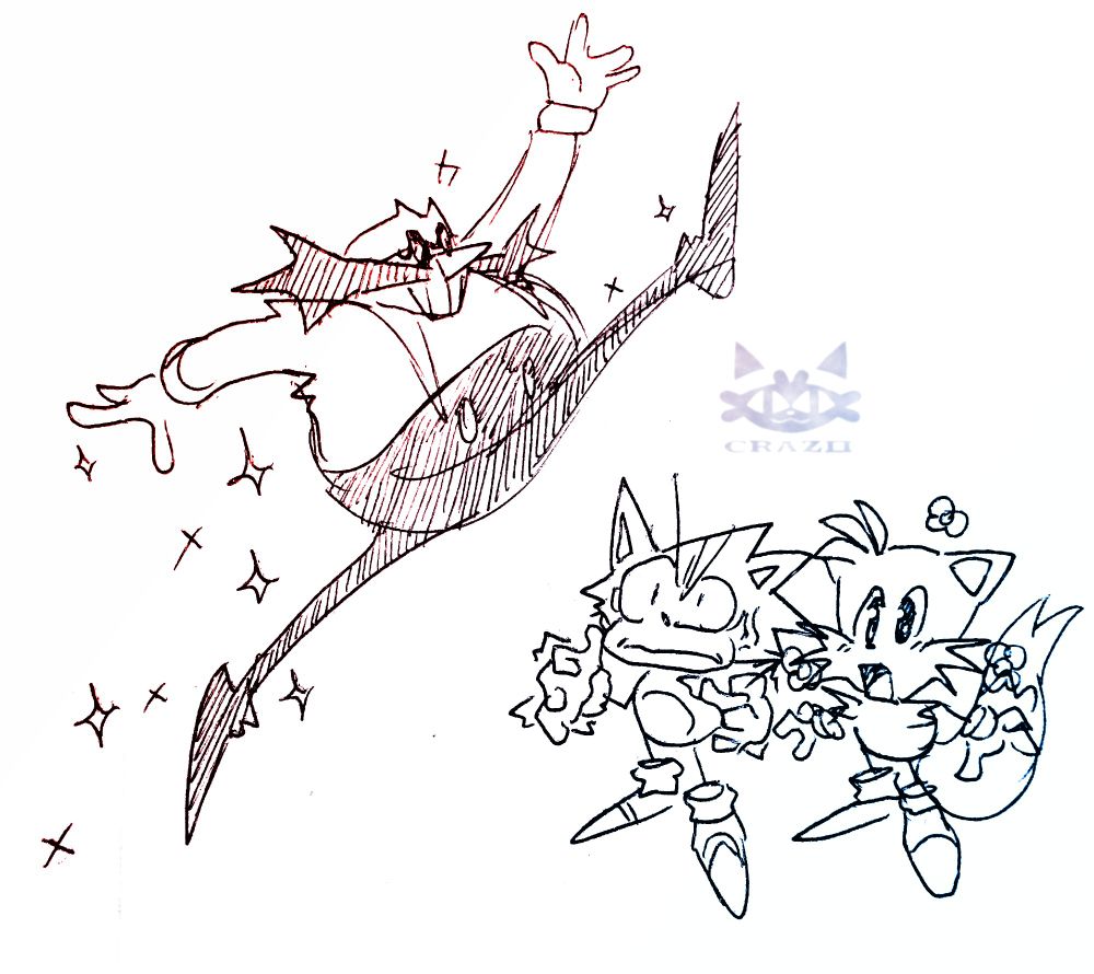 Colorless Artwork of Ivo "Eggman" Robotnik leaping with a trail of stars behind him, while Miles "Tails" Prower stars in aw, and Sonic the Hedgehog stands in silent fury.