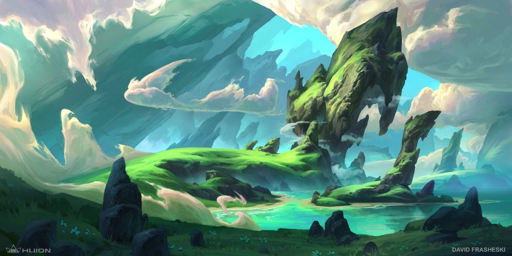 stylized rocky landscape with rolling hills and large rock spires