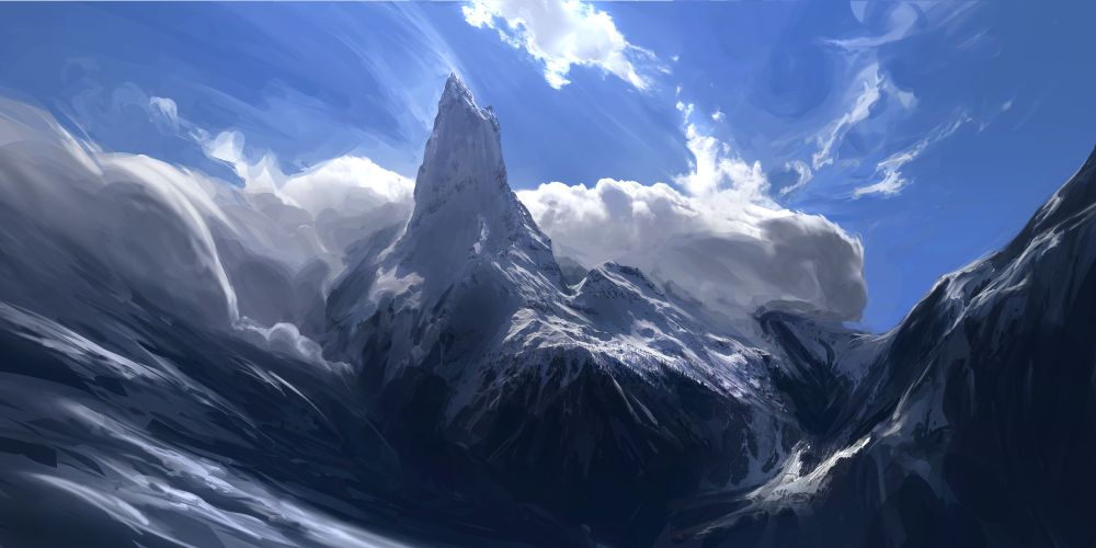 Snowy peak painting. a bit of photobash, and big swoopy merged shapes