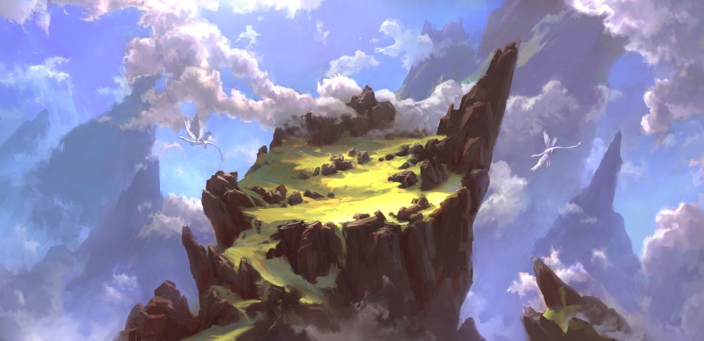 stylized Floating island with white multi winged creatures flying by