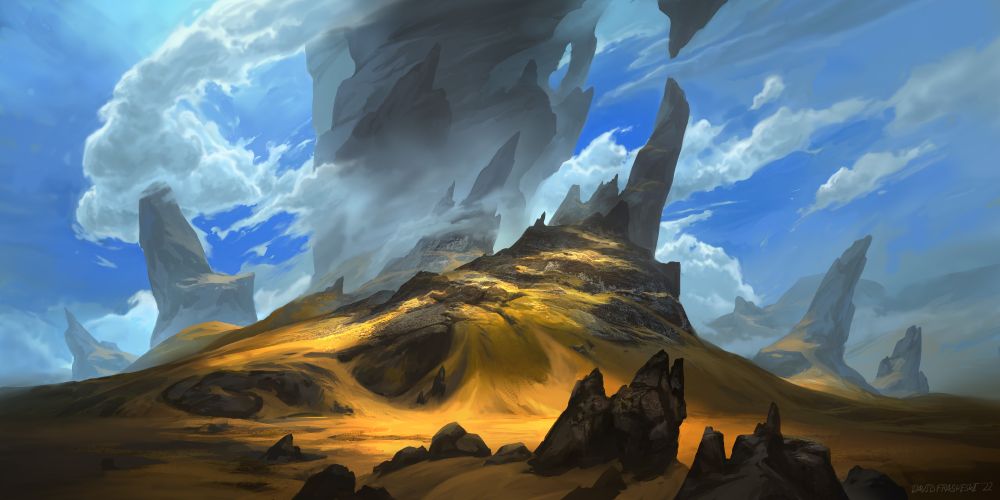 rocky desert painting with big cloud wrapped rock spires that almost look like a tornado