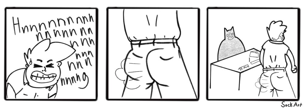 Its a three panel comic 

p1: guy straining and going "hnnnnnnnnnnnnnnnnnnnnnnnnng"

p2: picture of guys but in work clothes and a fart cloud coming out of it

p3: zoomed out shot, the guy is farting in front of a desk, behind which sits a contemplative/unnamed batman.