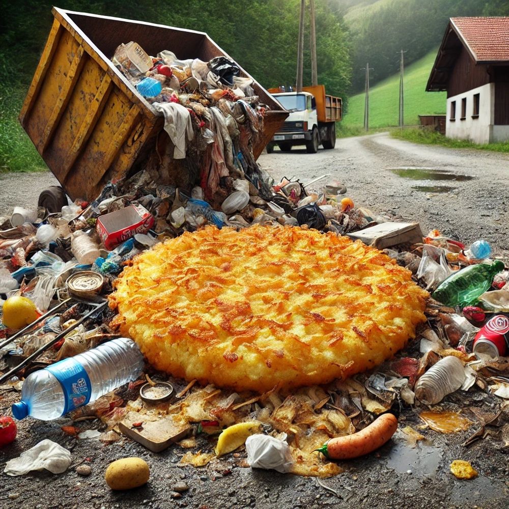 rösti landet mit seiner vorlage auf dem abfallhauen
