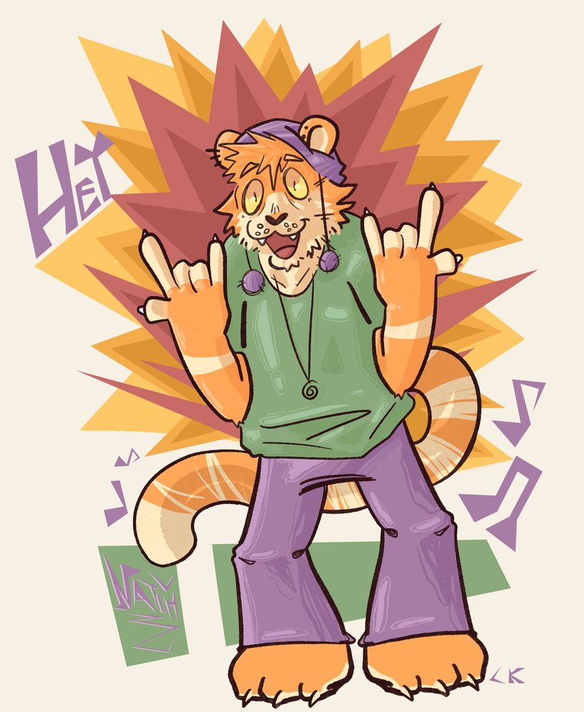 drawing of a Furry orange tiger with a green sweater doing a typical rock n roll pose that says "Hey!" (there are some little music notes)