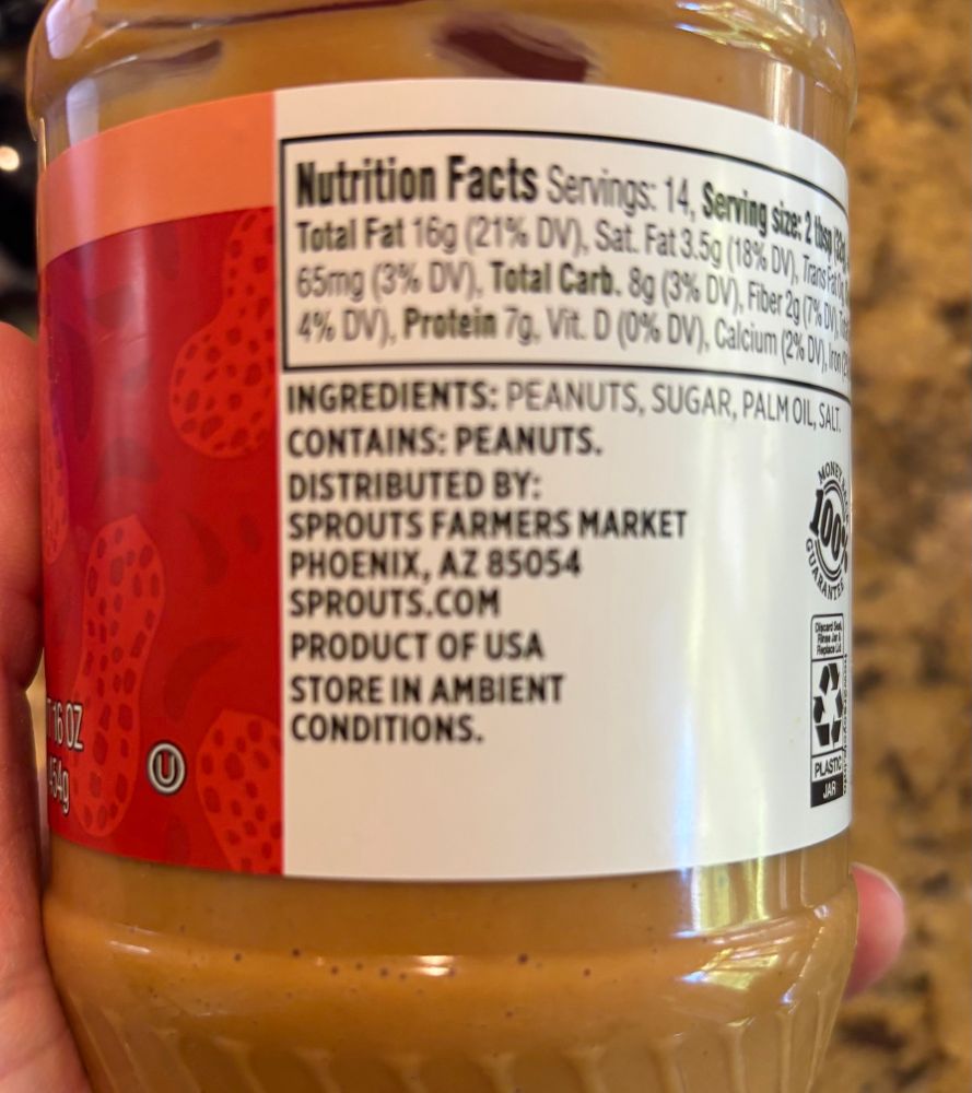 the label on a jar of peanut butter from Sprouts Farmers Market with the instruction “Store in ambient conditions.”