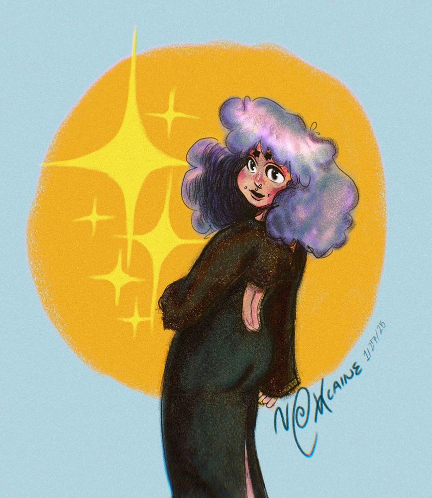 an enchanting lady with huge lavender poofy hair posing ever so effortlessly slightly gazing over her shoulder wearing a slim black dress and cropped sweater. drawn in procreate