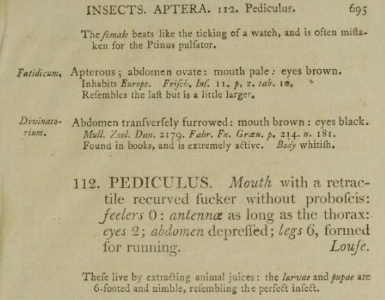 scan of a book page of insect classifications, with most notable entry: 
"PEDICULUS: Mouth with a retractile recurved fucker"