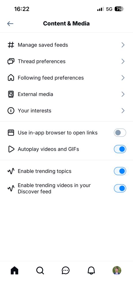 A list of Content & Media settings in Bluesky, with "Use in-app browser to open links" toggled off.