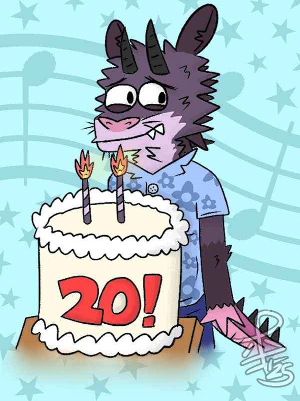 A picture of Monty wearing a aloha shirt and dark blue pants. He is smiling behind a cake with two purple striped candles and "20!" written directly in front, seemingly fondue. All upon a table.