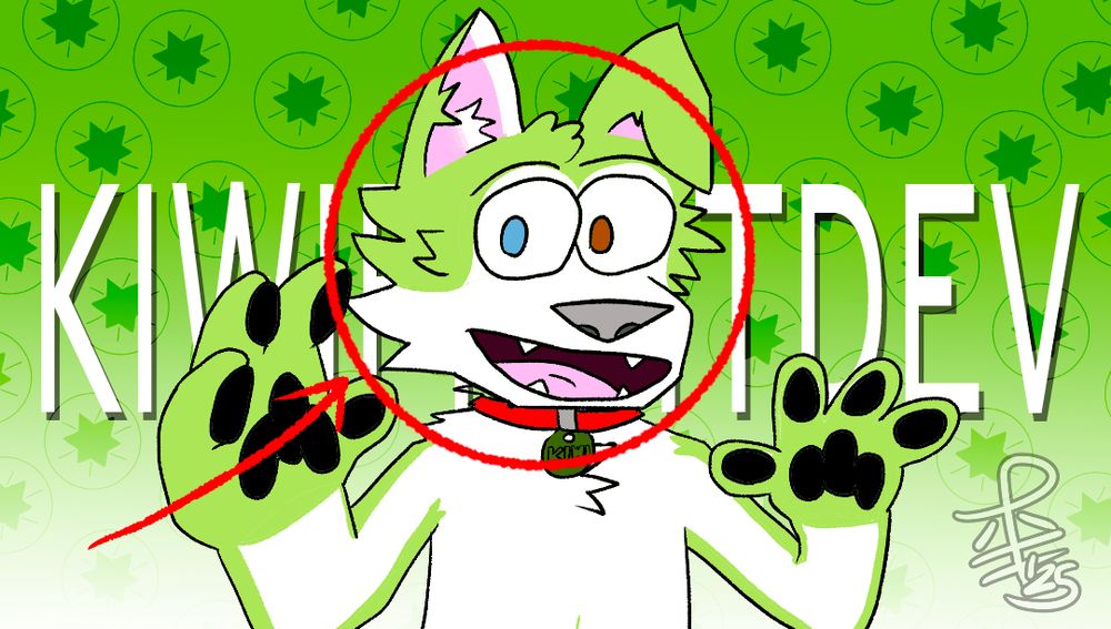 A picture of Kiwano Maxwell, KiwifruitDev's fursona, posing with one hand forward and one hand back while his mouth is opened, looking at the viewer while smiling. A circle and arrow surrounds him, reminiscent of clickbait thumbnails. He's against a background which says in all caps "KiwifruitDev" with a green to white gradient background using a kiwifruit pattern reminiscent of his old logo.