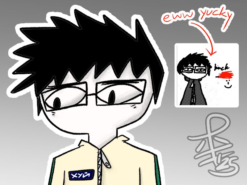 A redraw of my old interpretation of myself wearing a coat inspired from my real wardrobe at the time that says "ХУЙ" which means "dick". Interpretation has eyebags and is looking down at something. Old drawing shown on the side with my name crossed out with an arrow that says "eww yucky".