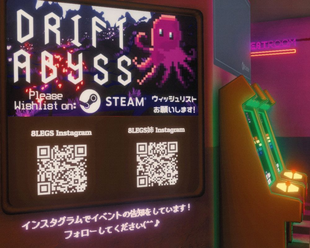 a sign in a virtual diner advertising the game DRIFT ABYSS