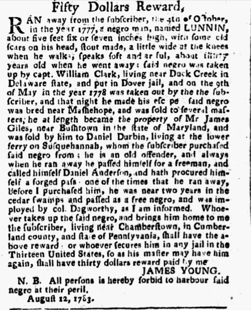 Runaway advertisement for escaped freedom seeker Daniel Anderson who had been enslaved by James Young