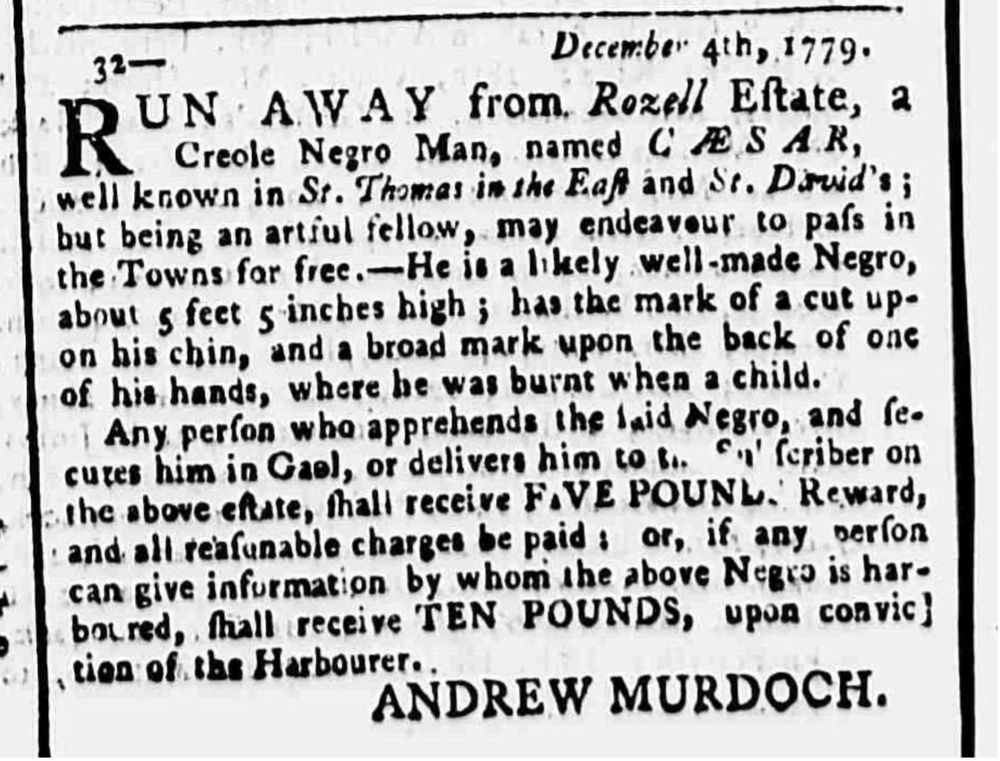A runaway advertisement from the Jamaica Mercury for freedom seeker Augustus Thomson/Dr. Caesar