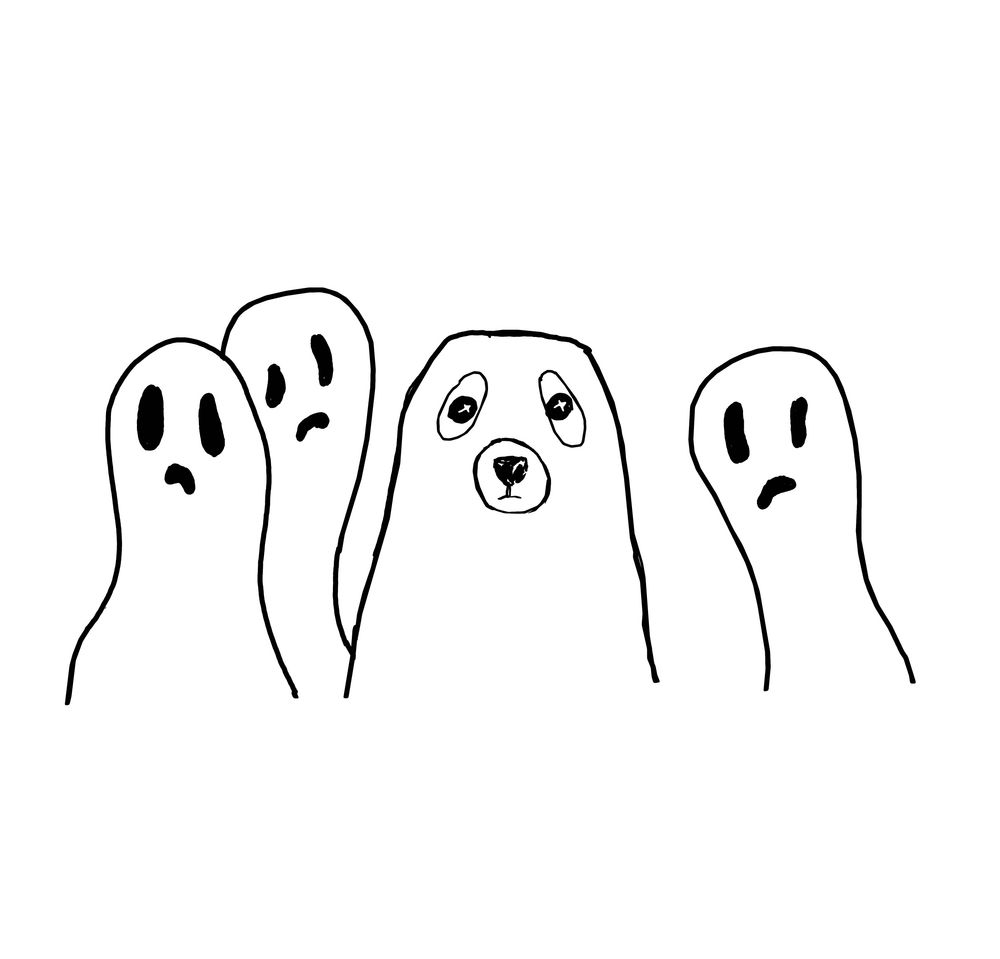 a black and white digital ink drawing of 3 ghosts and 1  dog in a sheet dressed as a ghost