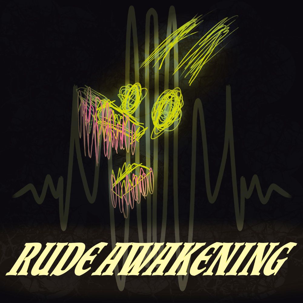 A fake album cover. A soundwave plays in the black background. A screaming neon-yellow abstract coyote glows in the center, with neon pink drool. The words "Rude Awakening" glow brightly at the bottom. 