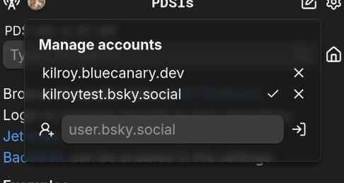screenshot of the account management popup on pdsls, it has a background blur effect
