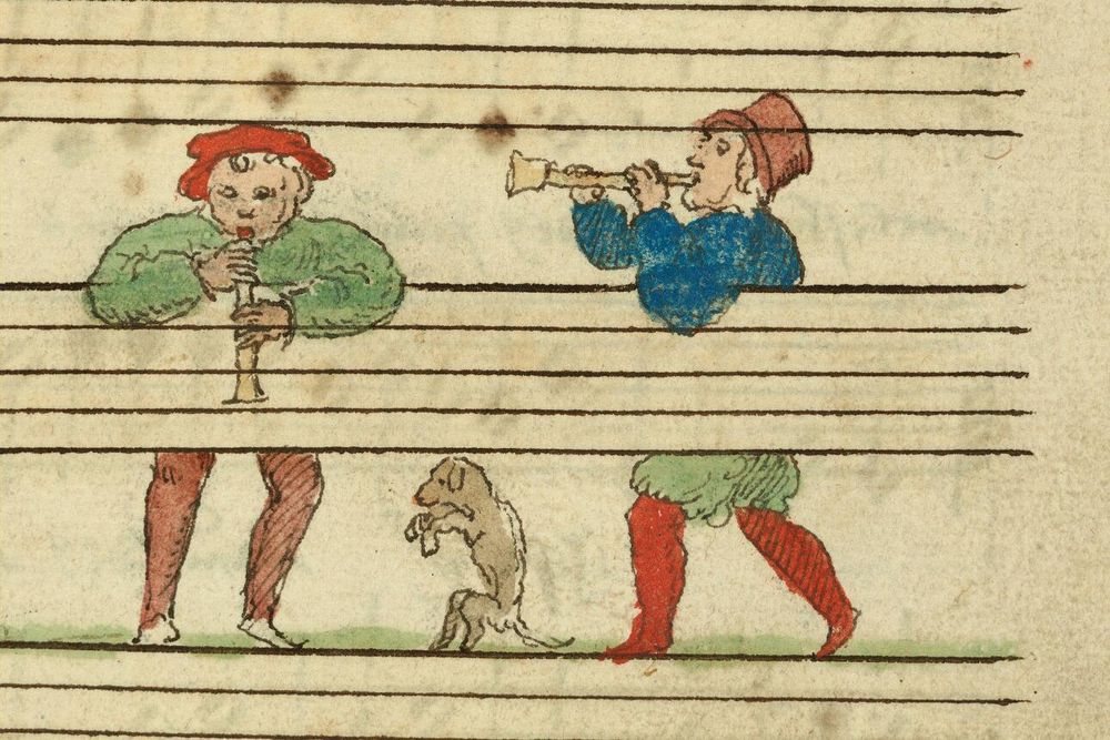 16th Century musicians (pipers) leaning on a musical stave