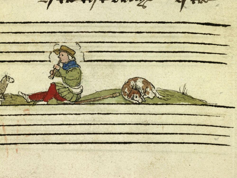 Seated shepherd playing the pipe next to a sleeping dog. Illustration in a 16th Century music manuscript
