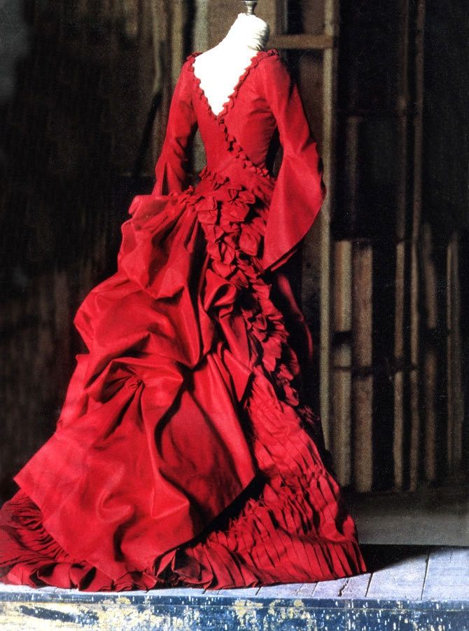 A photo of the back of Mina's blood red bustle dress from Bram Stoker's Dracula