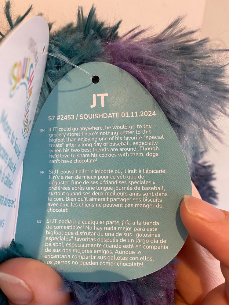 The tag reads: If JT could go anywhere he would go to the grocery store! There’s nothing better than enjoying one of his favourite ‘special treats’ after a long day of baseball, especially when his two best friends are around. Though he’d love to share his cookies with them, dogs can’t have chocolate. 