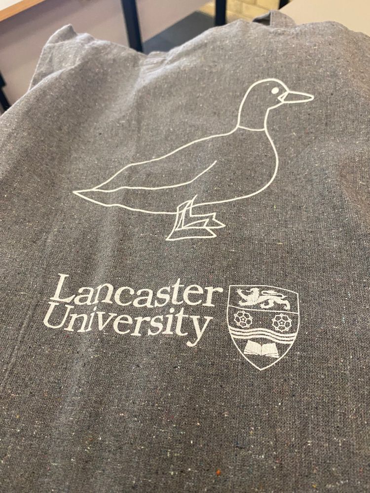 A Lancaster University tote back featuring a line image of a duck. On my way back to the car I walked past many ducks and several ducklings. 