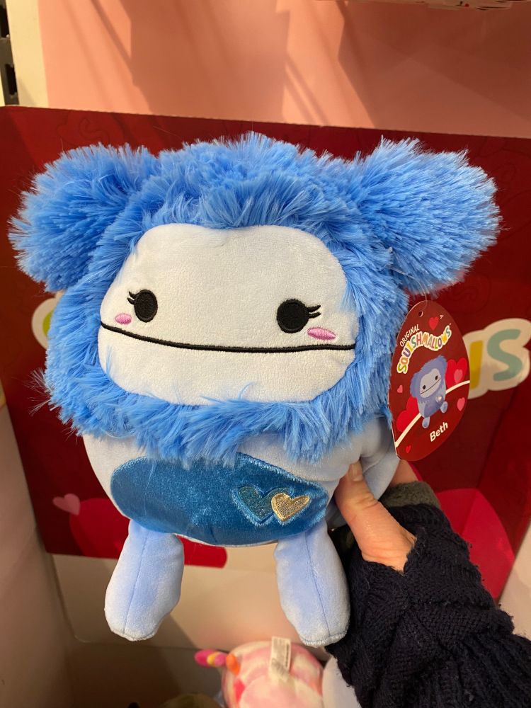 Beth the Bigfoot. A Squishmallow in the valentines display box, she even had a special red valentines tag. She is pale blue with periwinkle fluffy head and a similar colour tummy with one blue and one silver heart embroidered onto her tummy. 
