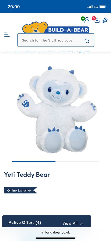 Build a bear’s yeti (UK) - a white bear with blue face, inner ears and feet with some little blue claws and horns 