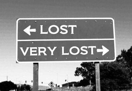 A road sign pointing to lost in one direction and very lost in the other direction