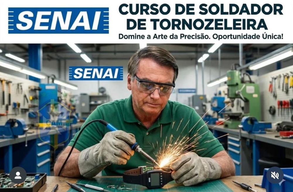 Propaganda fake do SENAI de CURSO DE SOLDADOR DE TORNOZELEIRA ilustrada com o bolsonaro soldando uma