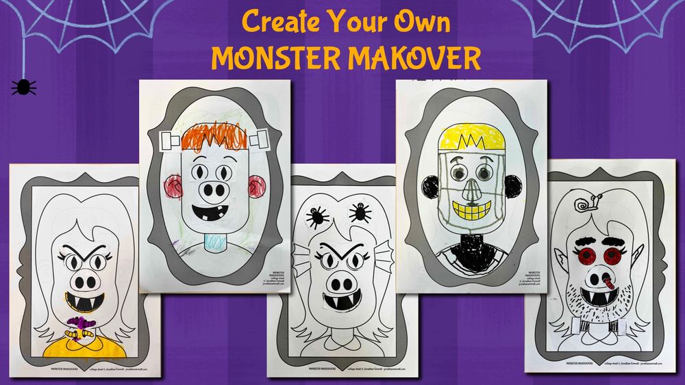 5 Monster Makeover collages of scary faces made by children at West Bridgford Library.