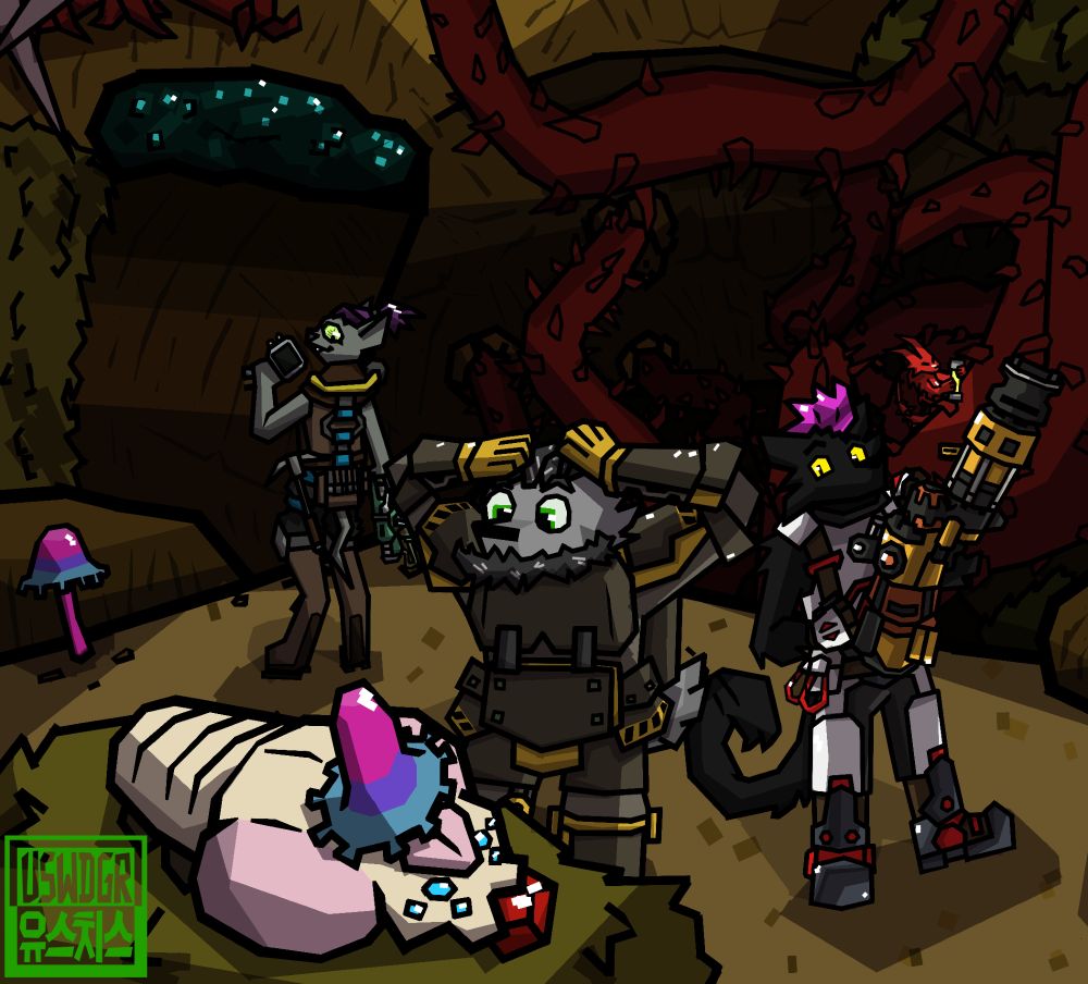 Celshade Deep Rock Galactic fanart, three anthro characters are in Hollow Bough biome. They're looking at lootbug that is eating a chunk of red sugar. There's also spiky-vine slime cat in background holding a flare.
