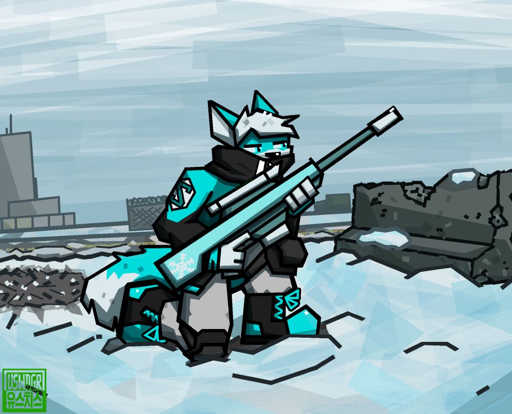 Digital art of blue and white anthro fox in blue-grey-white military-like clothes, they're sitting in snow with their sniper rifle. It is suspiciously quiet today: no wind, snow settled. Something has to happen.