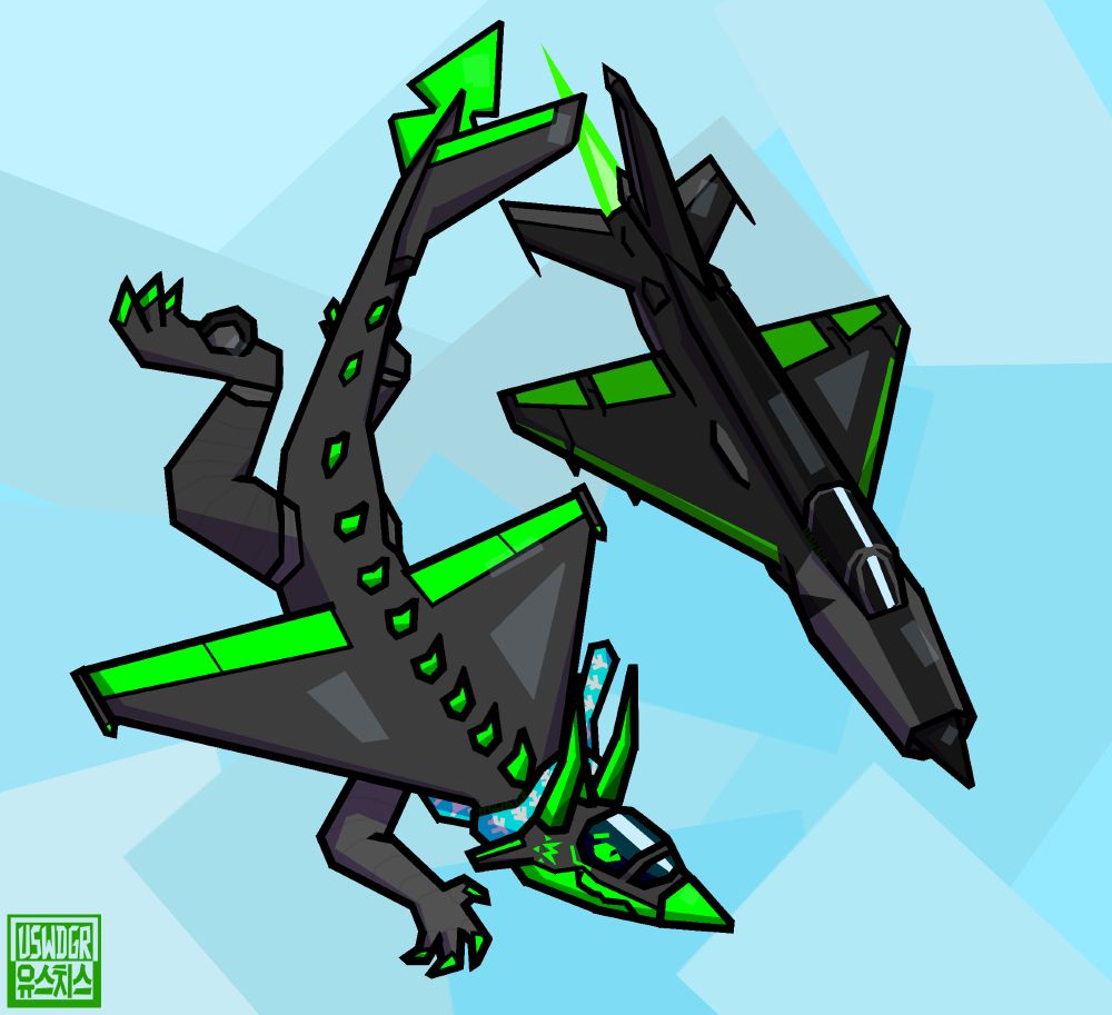 Celshade digital art of dark grey and green aeromorph (airplane dragon) and black and green MiG-21 flying in the sky