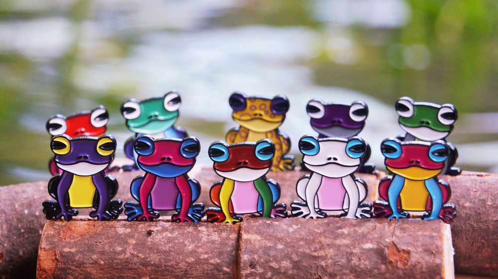 A group of enamel pins in the shape of frogs, clustered and sitting on tiny logs like they're part of a class photo. The frogs are coloured as nonbinary, bisexual, LGBTQ progress, trans, pansexual, lesbian, gay man, intersex, asexual, and aromantic pride colours