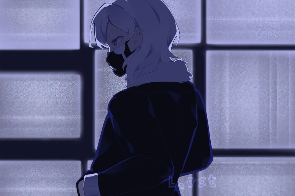 Drawing of my character Ari standing in fron of multible screens.