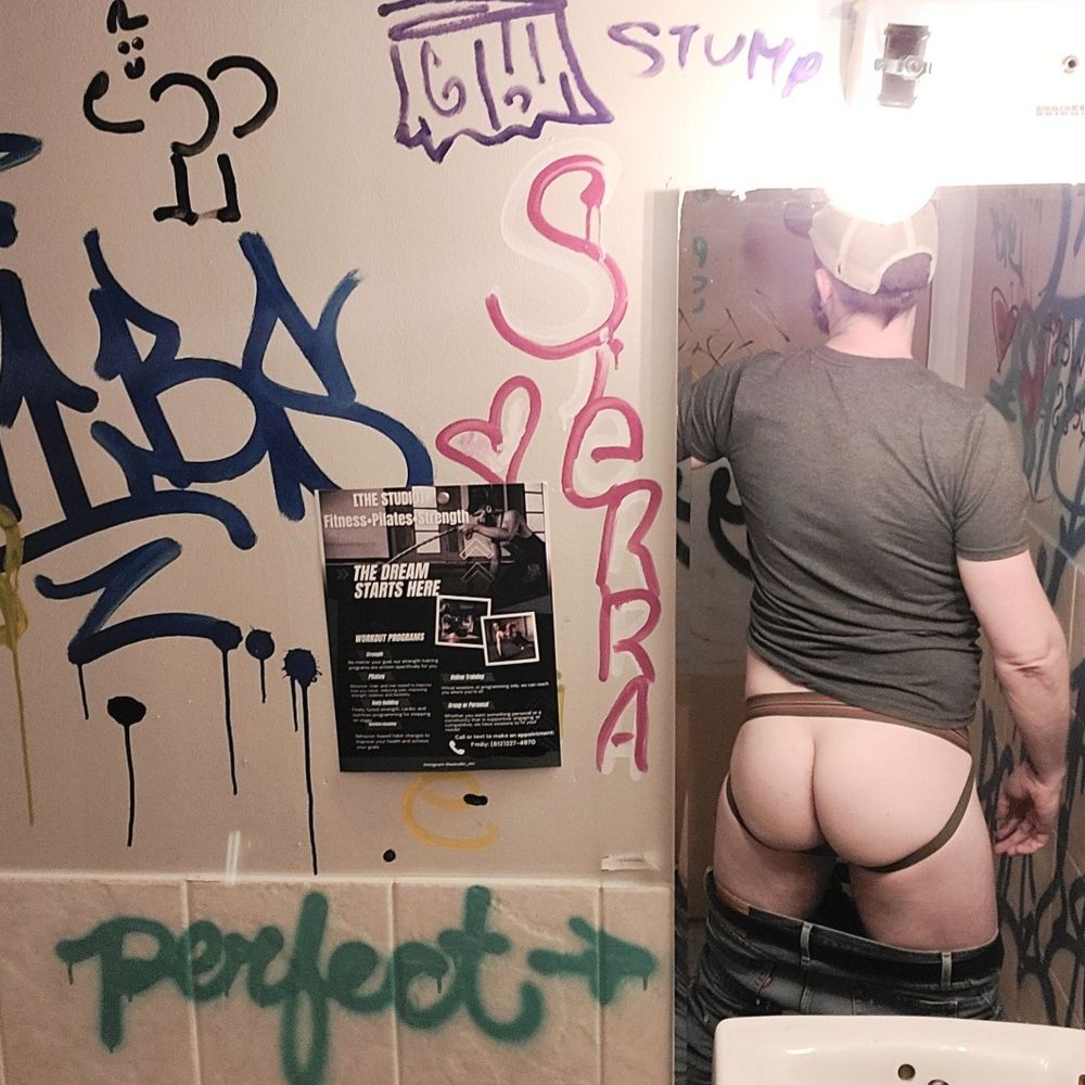 My favorite - backwards ball cap, green tee, green jock, ass reflected in the mirrror with green graffiti that reads, “perfect” with an arrow pointing to the mirror