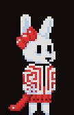 Pixel art of Sinessence a rabbit ronin. she wears a bow on her ear as well as a cloak and pleated skirt. both with intricate patterning