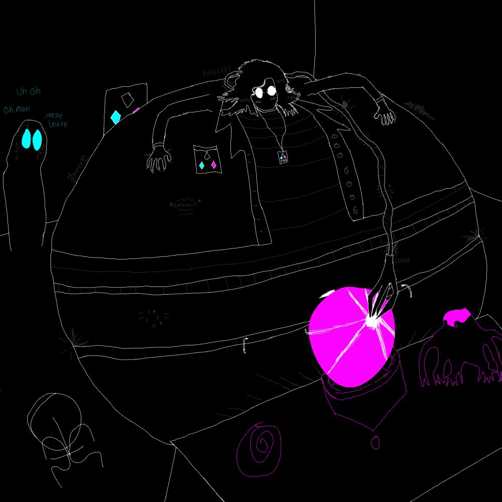 the character interloper from corru.observer is being inflated through their mindspike, which is directly connected to the cyst. their body swells and groans from the influx of massive amounts of air hissing through their mindspike into them. moth stands off to the side, unsure of how to feel or respond to the situation, but blushes regardless. interloper makes soft moans as they enjoy the sensations and grab themselves as they grow larger.