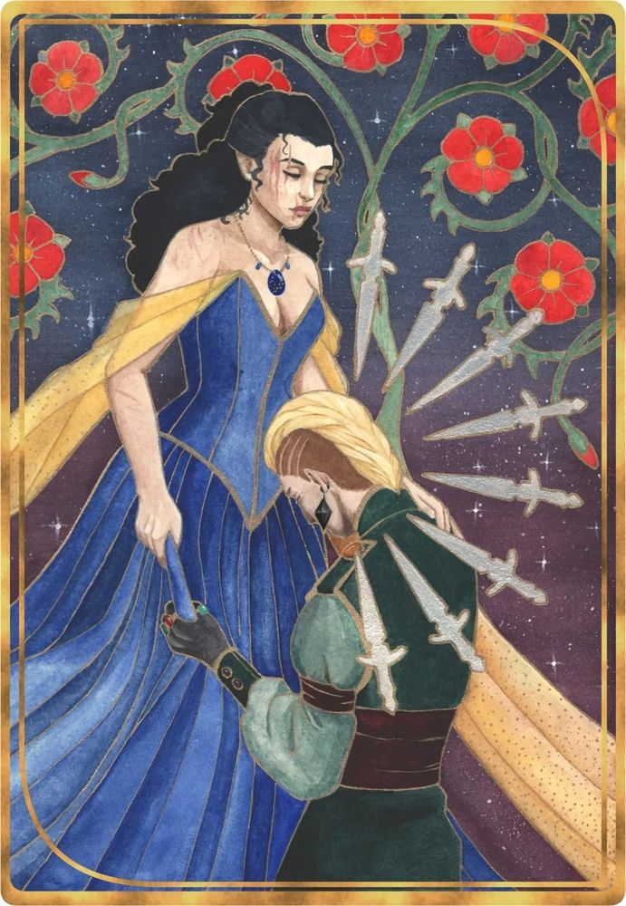 A man kneels before a woman in a blue and gold gown, gripping her skirt desperately, head bowed. His head is surrounded by 8 silver daggers like a halo. She looks down on him with a neutral expression, half of her face severely scarred. Behind them are vines of medieval style roses.