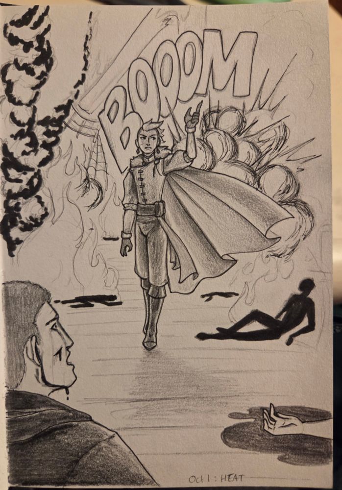 Ink and graphite drawing of my character Fynn causing a dramatic explosion, surrounded by fire and corpses. He walks toward a man in a black cloak who looks terrified.