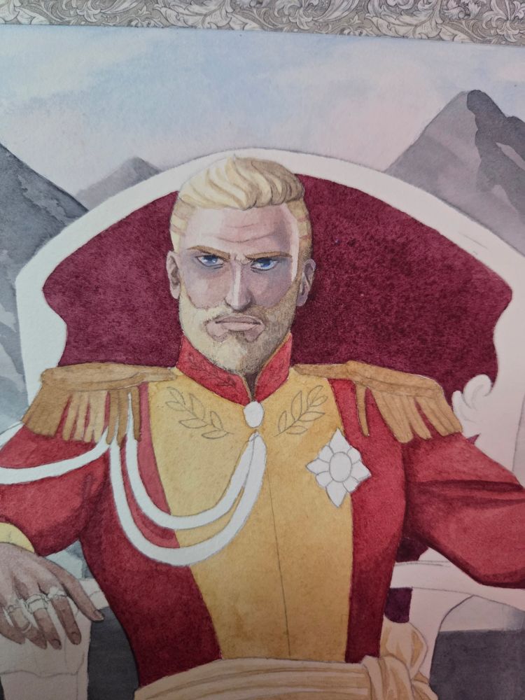 Unfinished watercolor painting of a stern looking blond man with a beard wearing a red and gold royal outfit, sitting on a throne