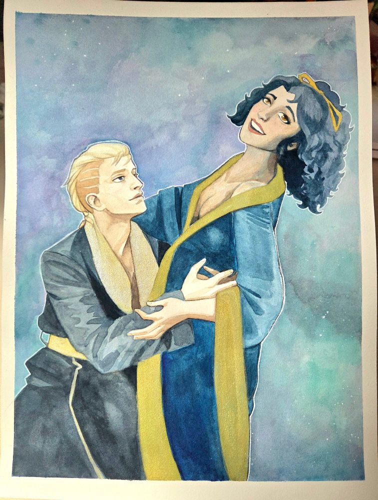 Watercolor of my characters Fynn and Lazuli in a pose referenced from the film Stolen Heaven (1931)