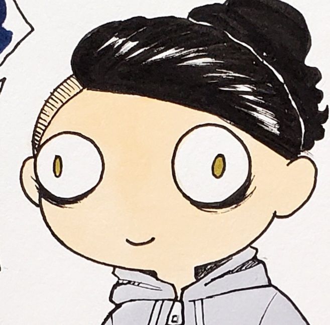 Cartoon of myself, walleyed with eyebags, smiling through distress.