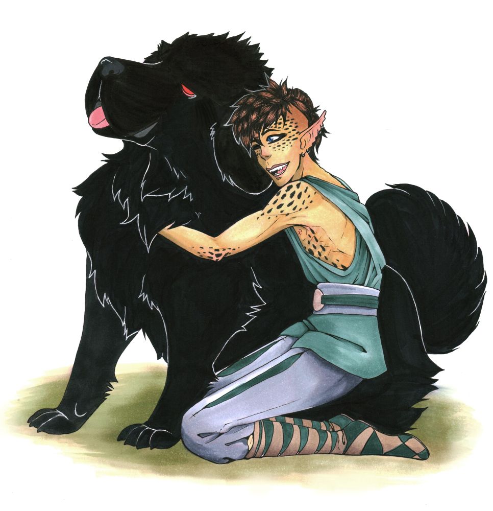 Alcohol marker drawing of my githyanki OC, Rylon, hugging his Kaoulgrim, a giant black dog with red eyes resembling a tibetan mastiff.