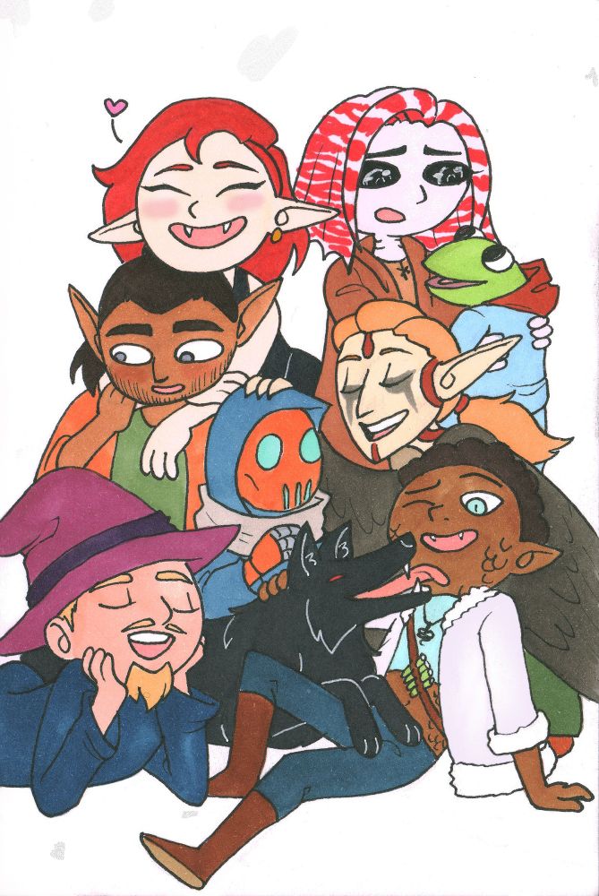 Cartoon group shot of my Pathfinder group of 9 characters