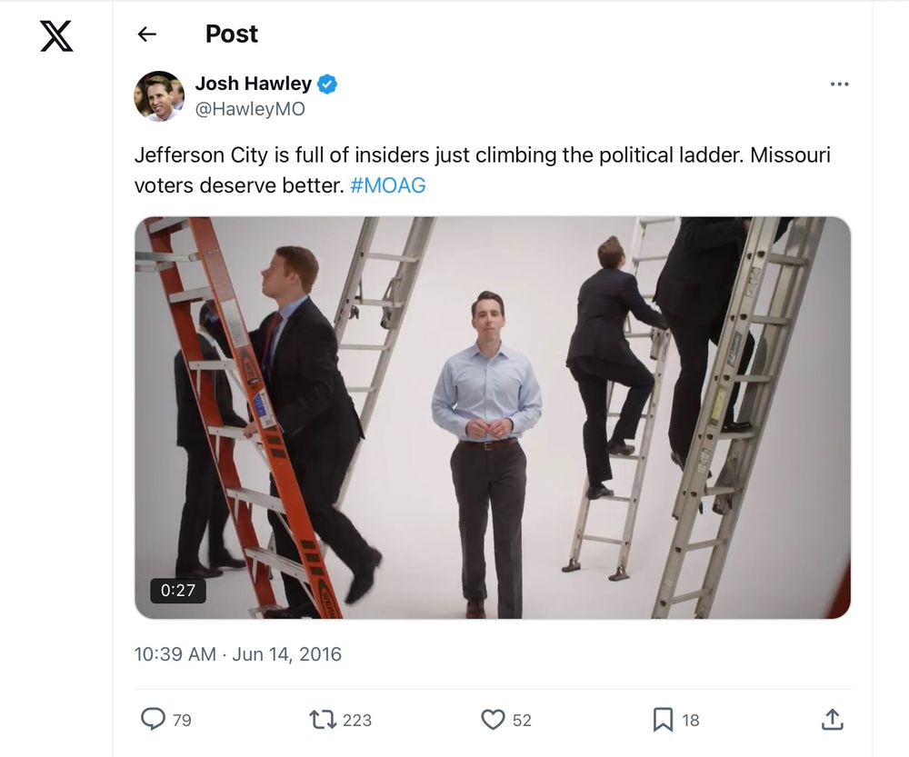 Screenshot captured from Hawley’s 2016 tweet, “Jefferson City is full of insiders just climbing the political ladder. Missouri voters deserve better. #MOAG”