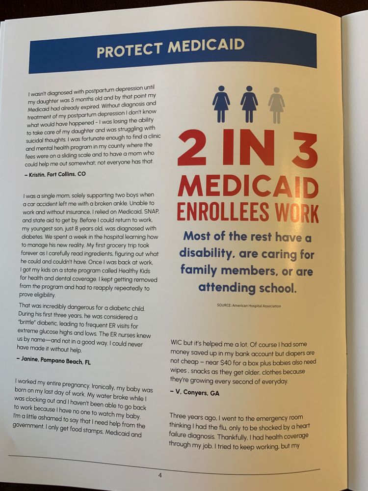 A page from the storybook tells the stories of four Medicaid recipients. “Two thirds of Medicaid recipients are employed. Most of the rest have a disability, are caring for family members, or are attending school.”