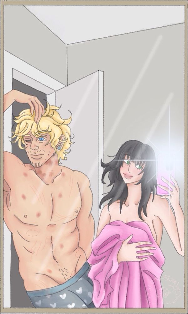 Media: digital pencil and colored pencil 

Characters: On the left is Curly- a tall man with messy blond hair and bright blue eyes. He is shirtless and wearing blue boxers with white hearts. His chest is covered in hickies, bite marks, and scratches. He looks half awake. 

To the right of Curly, is Anya.  She has dark messy medium brown hair. She can be seen holding a phone with the flash on and a pink blanket covering her chest. She is smiling  and appears bashful. 

Background: The walls are a plain off white and there is a doorway mostly blocked off by Curly. The picture appears to be the couple taking a selfie in a mirror. 