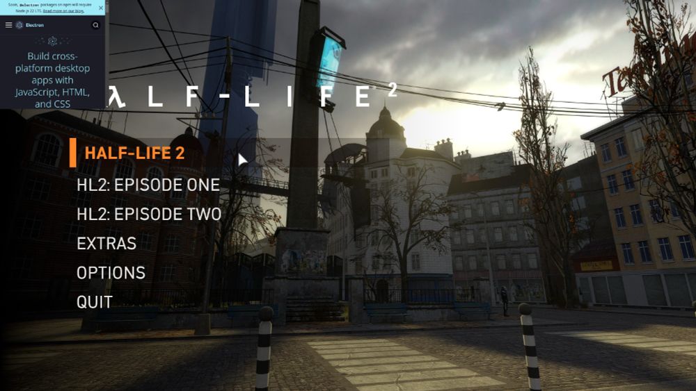 Half-Life 2 running on the Steam Deck with an Electron window overlayed in the top-left corner. The window has electronjs.org loaded.